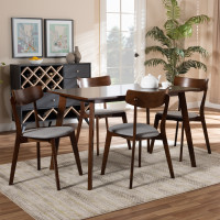 Baxton Studio Iora/Fiesta-Smoke/Walnut-5PC Dining Set Nori Mid-Century Modern Transitional Light Grey Fabric Upholstered and Walnut Brown Finished Wood 5-Piece Dining Set